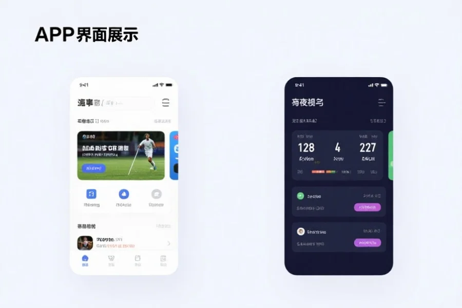 应用界面展示,左侧为明亮模式,右侧为夜间模式,界面简洁现代,显示体育资讯和比分